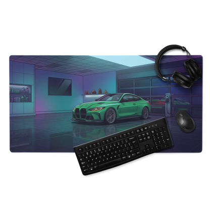 BMW M4 G82 Inspired Green Blue Vaporwave Gaming Mouse Pad, Neon Sports Coupe Desk Mat with Futuristic Luxury Garage Artwork