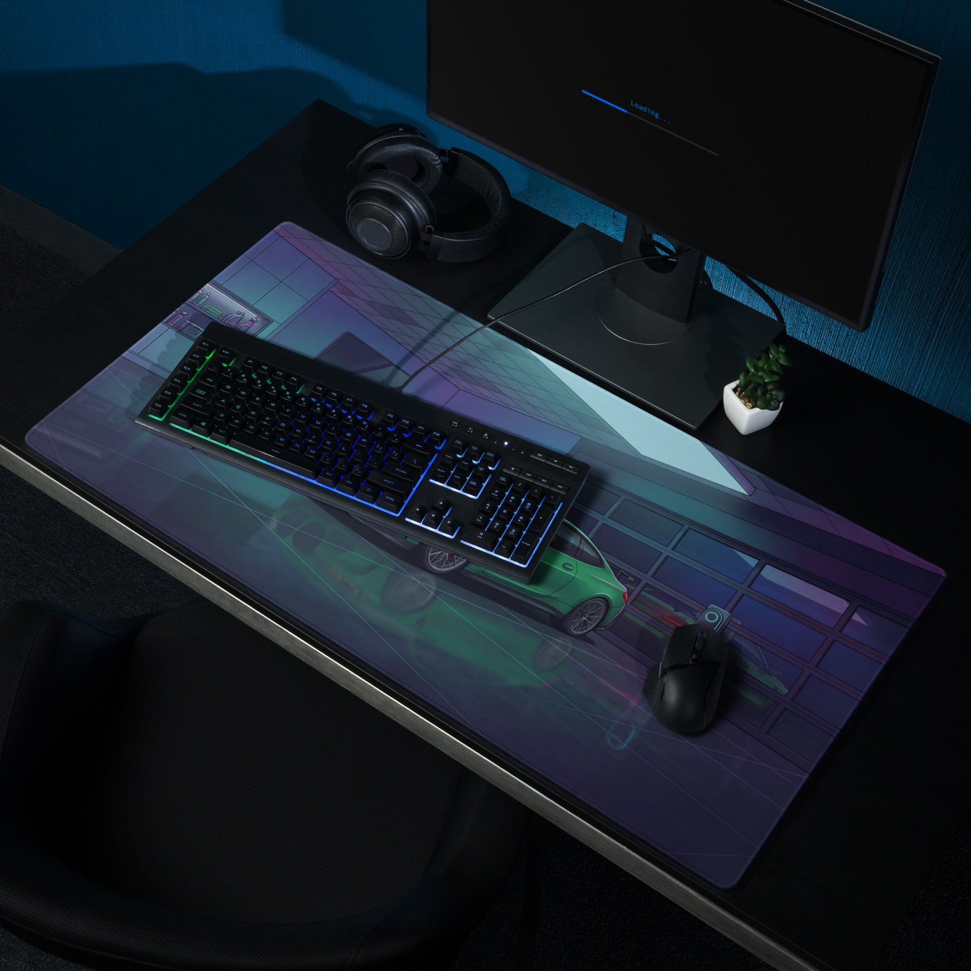BMW M4 G82 Inspired Green Blue Vaporwave Gaming Mouse Pad, Neon Sports Coupe Desk Mat with Futuristic Luxury Garage Artwork
