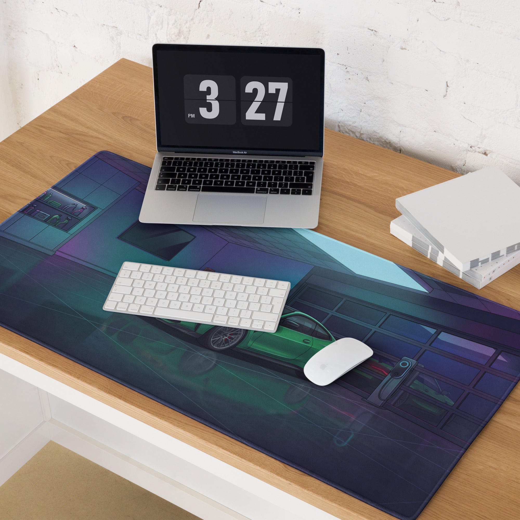 BMW M4 G82 Inspired Green Blue Vaporwave Gaming Mouse Pad, Neon Sports Coupe Desk Mat with Futuristic Luxury Garage Artwork