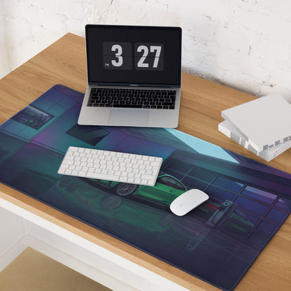 BMW M4 G82 Inspired Green Blue Vaporwave Gaming Mouse Pad, Neon Sports Coupe Desk Mat with Futuristic Luxury Garage Artwork