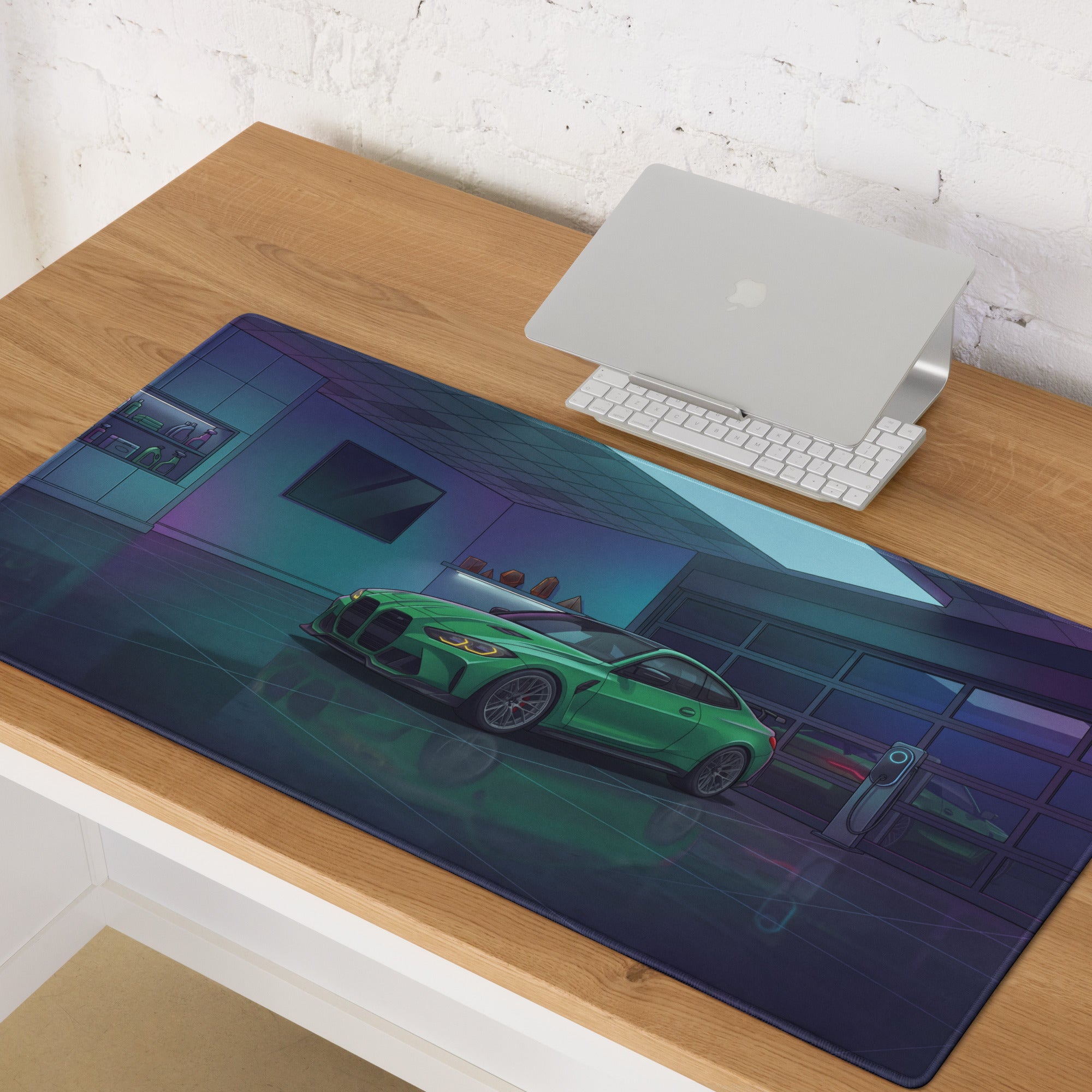 BMW M4 G82 Inspired Green Blue Vaporwave Gaming Mouse Pad, Neon Sports Coupe Desk Mat with Futuristic Luxury Garage Artwork