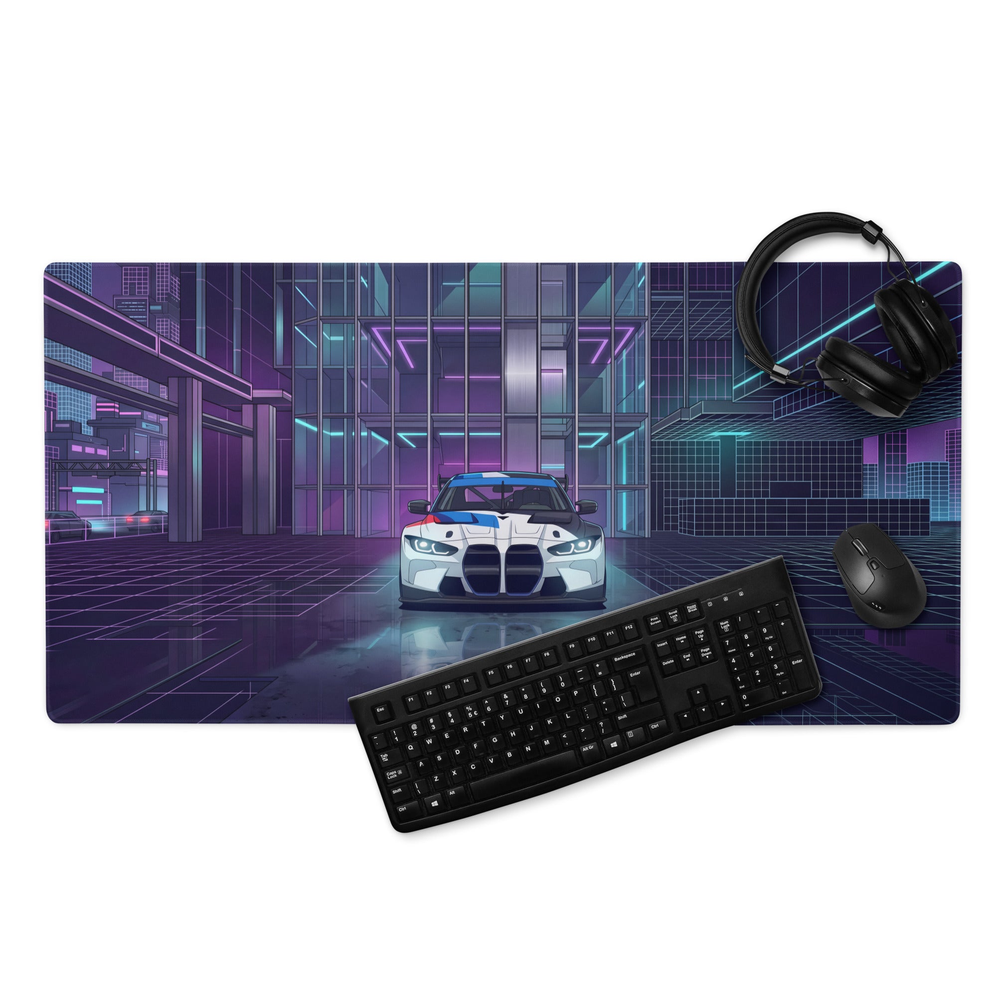 BMW M4 GT3 Inspired White Blue Vaporwave Gaming Mouse Pad, Neon Race Car Desk Mat with Futuristic Cyberpunk City Artwork
