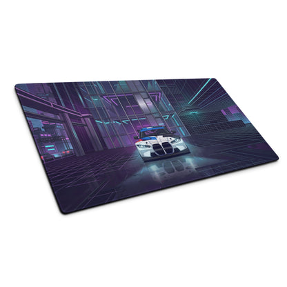 BMW M4 GT3 Inspired White Blue Vaporwave Gaming Mouse Pad, Neon Race Car Desk Mat with Futuristic Cyberpunk City Artwork