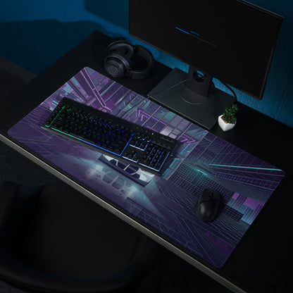 BMW M4 GT3 Inspired White Blue Vaporwave Gaming Mouse Pad, Neon Race Car Desk Mat with Futuristic Cyberpunk City Artwork