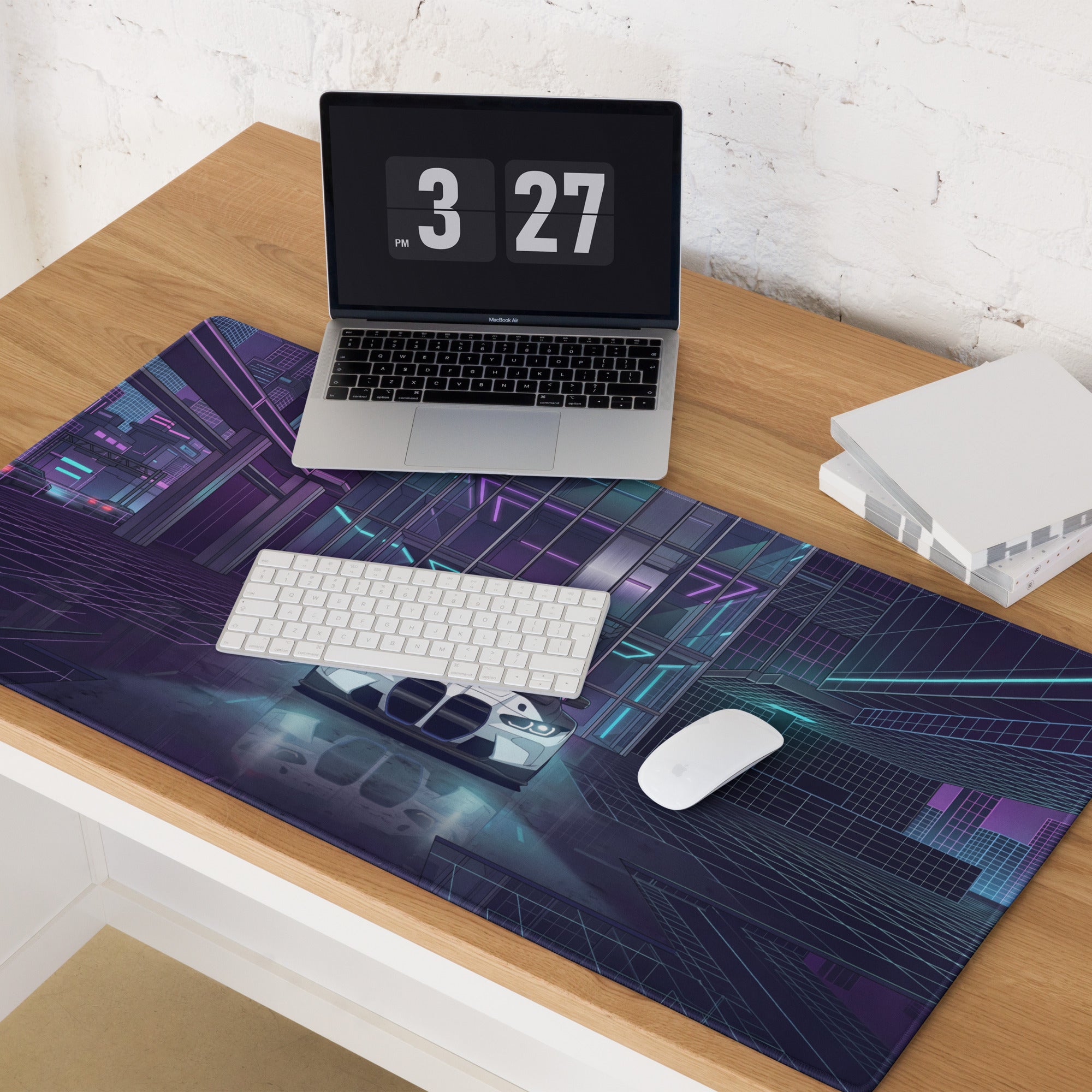 BMW M4 GT3 Inspired White Blue Vaporwave Gaming Mouse Pad, Neon Race Car Desk Mat with Futuristic Cyberpunk City Artwork