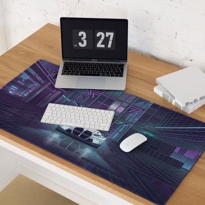 BMW M4 GT3 Inspired White Blue Vaporwave Gaming Mouse Pad, Neon Race Car Desk Mat with Futuristic Cyberpunk City Artwork