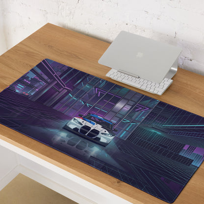 BMW M4 GT3 Inspired White Blue Vaporwave Gaming Mouse Pad, Neon Race Car Desk Mat with Futuristic Cyberpunk City Artwork
