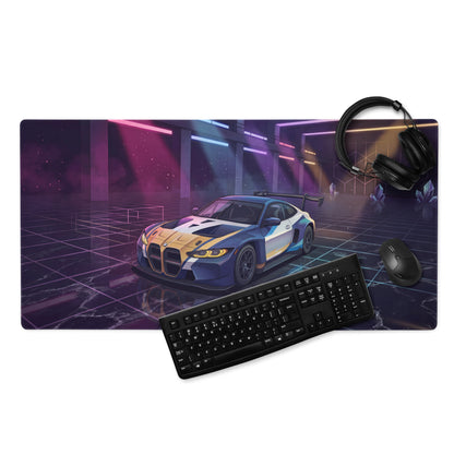 BMW M4 GT3 Inspired Blue Gold Vaporwave Gaming Mouse Pad, Neon Race Car Desk Mat with Futuristic Cyberpunk Garage Artwork