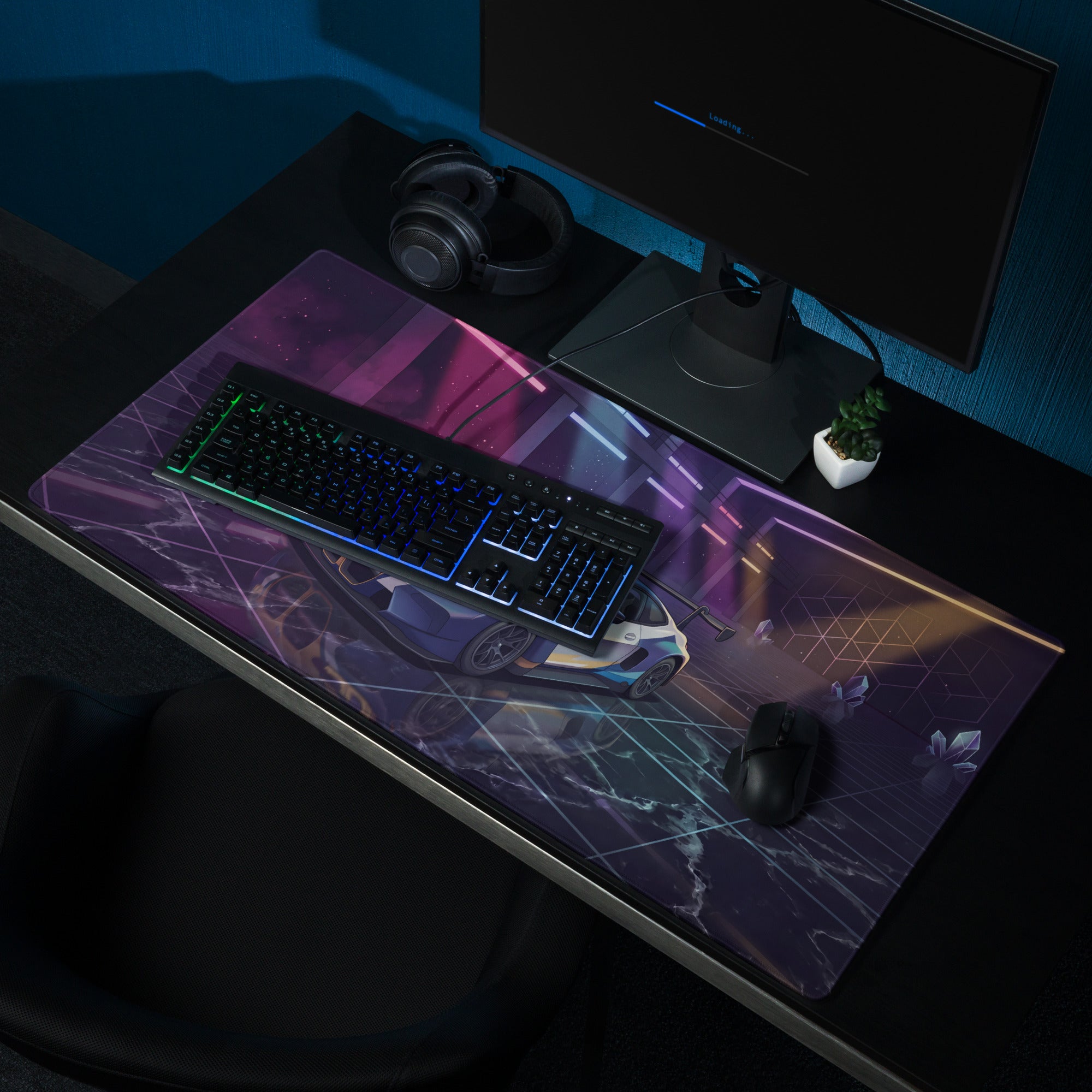 BMW M4 GT3 Inspired Blue Gold Vaporwave Gaming Mouse Pad, Neon Race Car Desk Mat with Futuristic Cyberpunk Garage Artwork