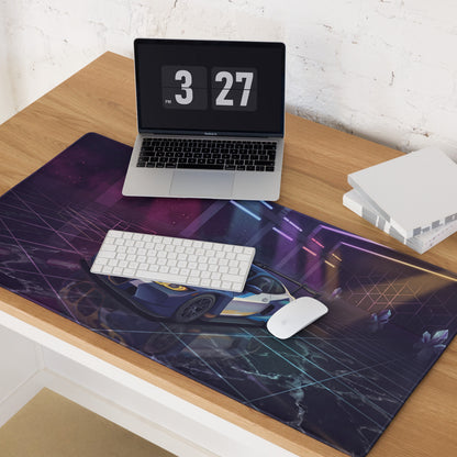 BMW M4 GT3 Inspired Blue Gold Vaporwave Gaming Mouse Pad, Neon Race Car Desk Mat with Futuristic Cyberpunk Garage Artwork