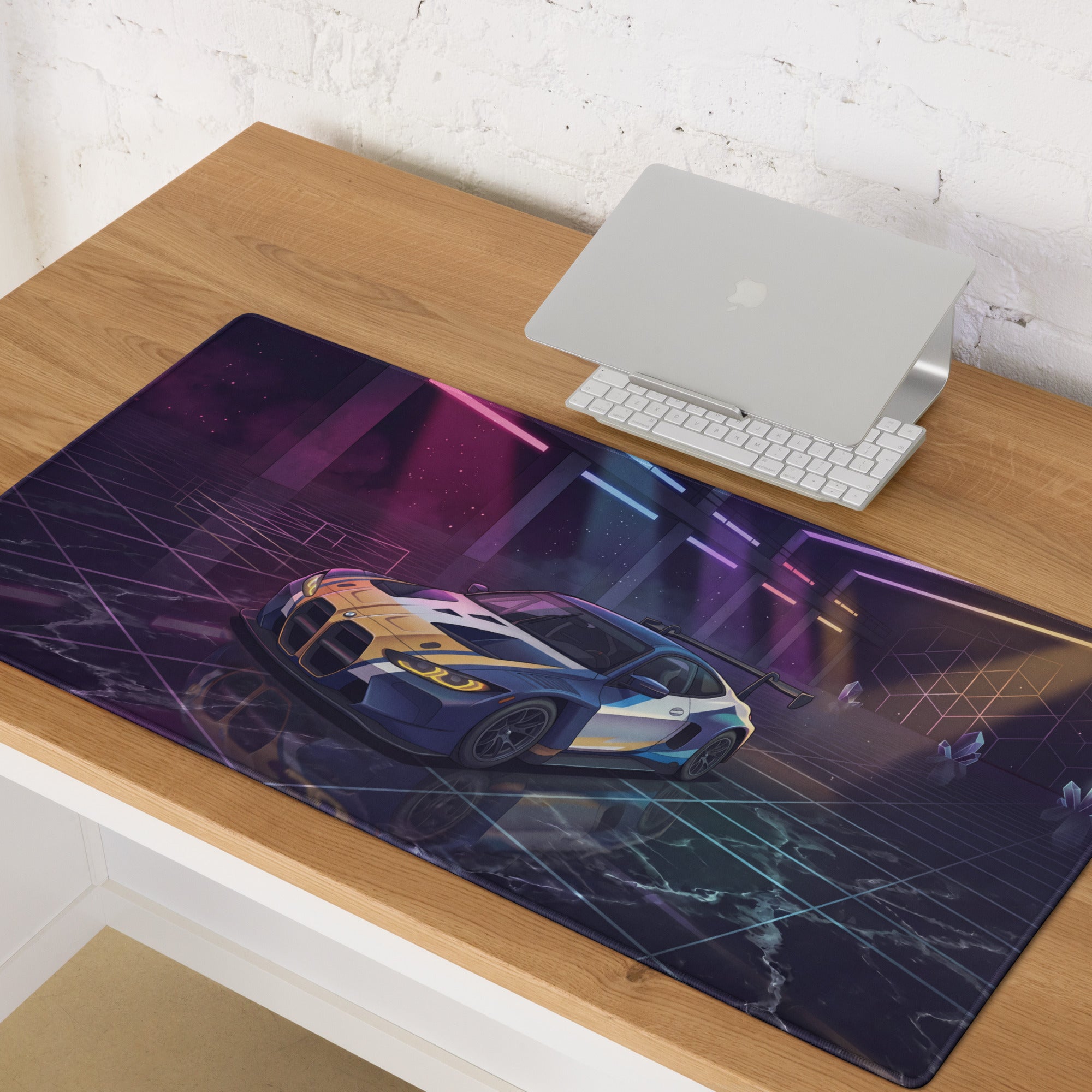BMW M4 GT3 Inspired Blue Gold Vaporwave Gaming Mouse Pad, Neon Race Car Desk Mat with Futuristic Cyberpunk Garage Artwork
