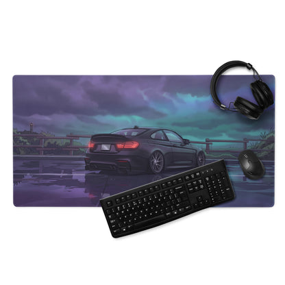 BMW M3 F80 Inspired Black Purple Vaporwave Gaming Mouse Pad, Moody Sports Sedan Desk Mat with Stormy Coastal Road Artwork