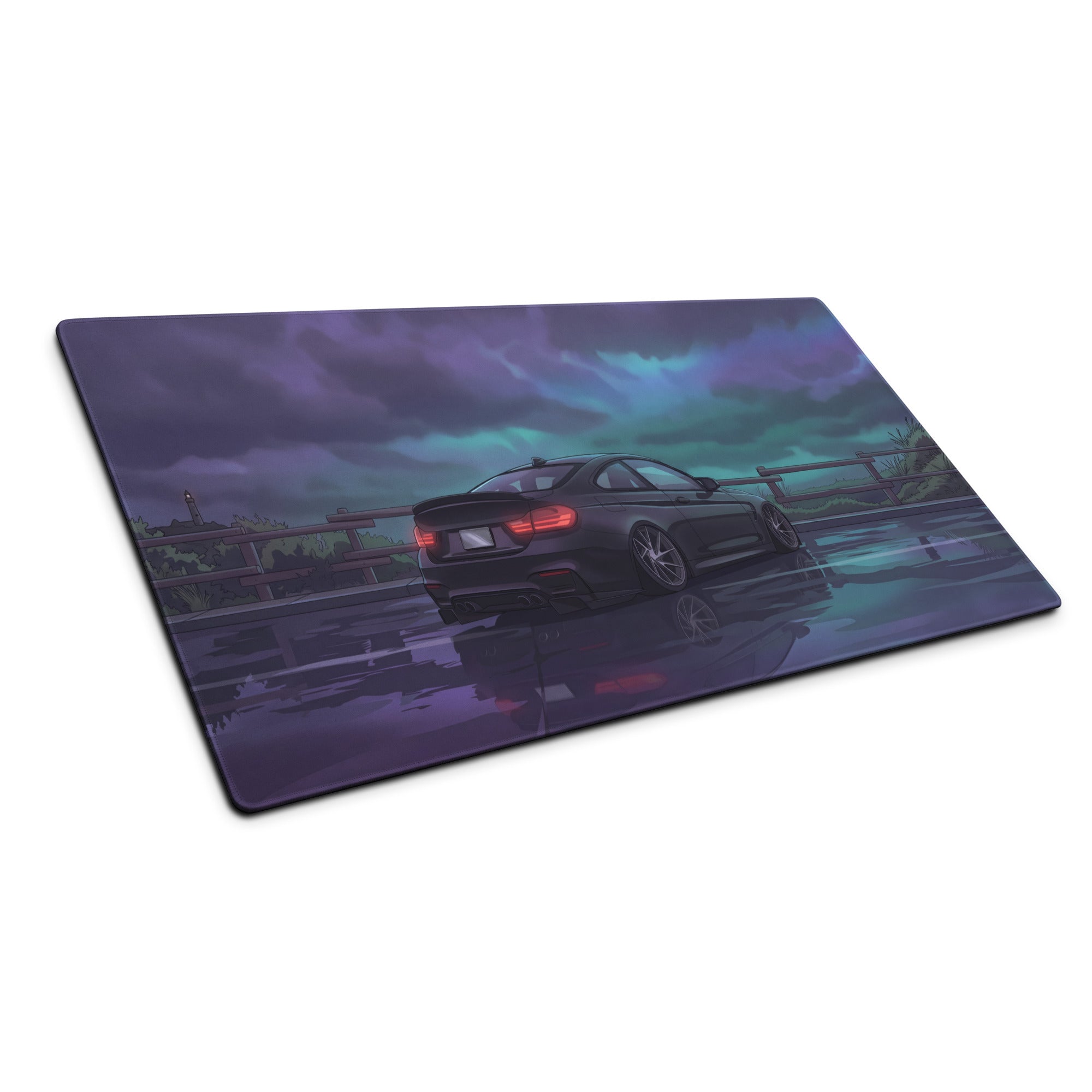 BMW M3 F80 Inspired Black Purple Vaporwave Gaming Mouse Pad, Moody Sports Sedan Desk Mat with Stormy Coastal Road Artwork