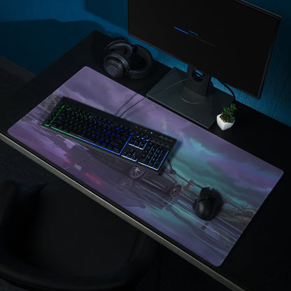 BMW M3 F80 Inspired Black Purple Vaporwave Gaming Mouse Pad, Moody Sports Sedan Desk Mat with Stormy Coastal Road Artwork