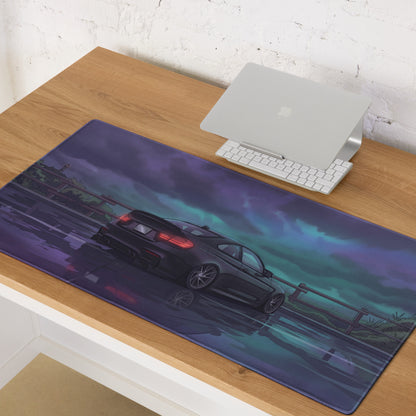 BMW M3 F80 Inspired Black Purple Vaporwave Gaming Mouse Pad, Moody Sports Sedan Desk Mat with Stormy Coastal Road Artwork