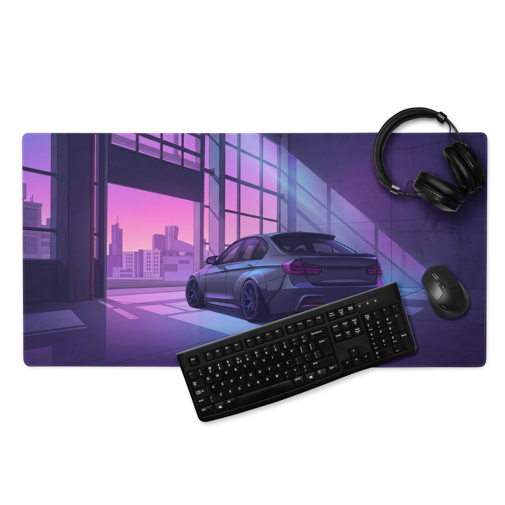 BMW M3 Inspired Black Purple Vaporwave Gaming Mouse Pad, Neon Luxury Coupe Desk Mat with Futuristic City Garage Artwork