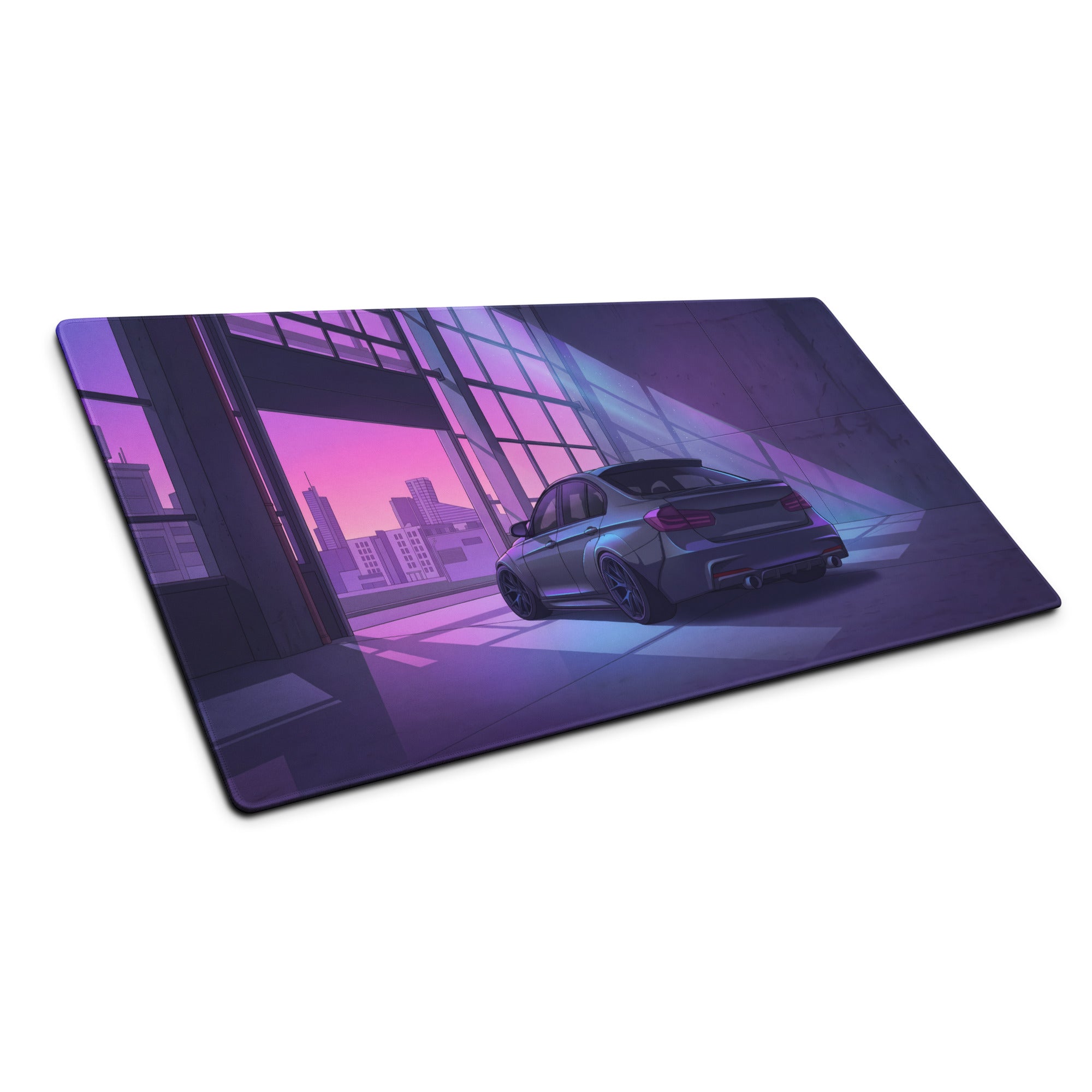BMW M3 Inspired Black Purple Vaporwave Gaming Mouse Pad, Neon Luxury Coupe Desk Mat with Futuristic City Garage Artwork