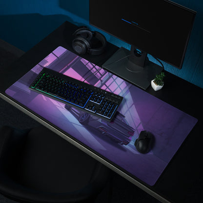 BMW M3 Inspired Black Purple Vaporwave Gaming Mouse Pad, Neon Luxury Coupe Desk Mat with Futuristic City Garage Artwork