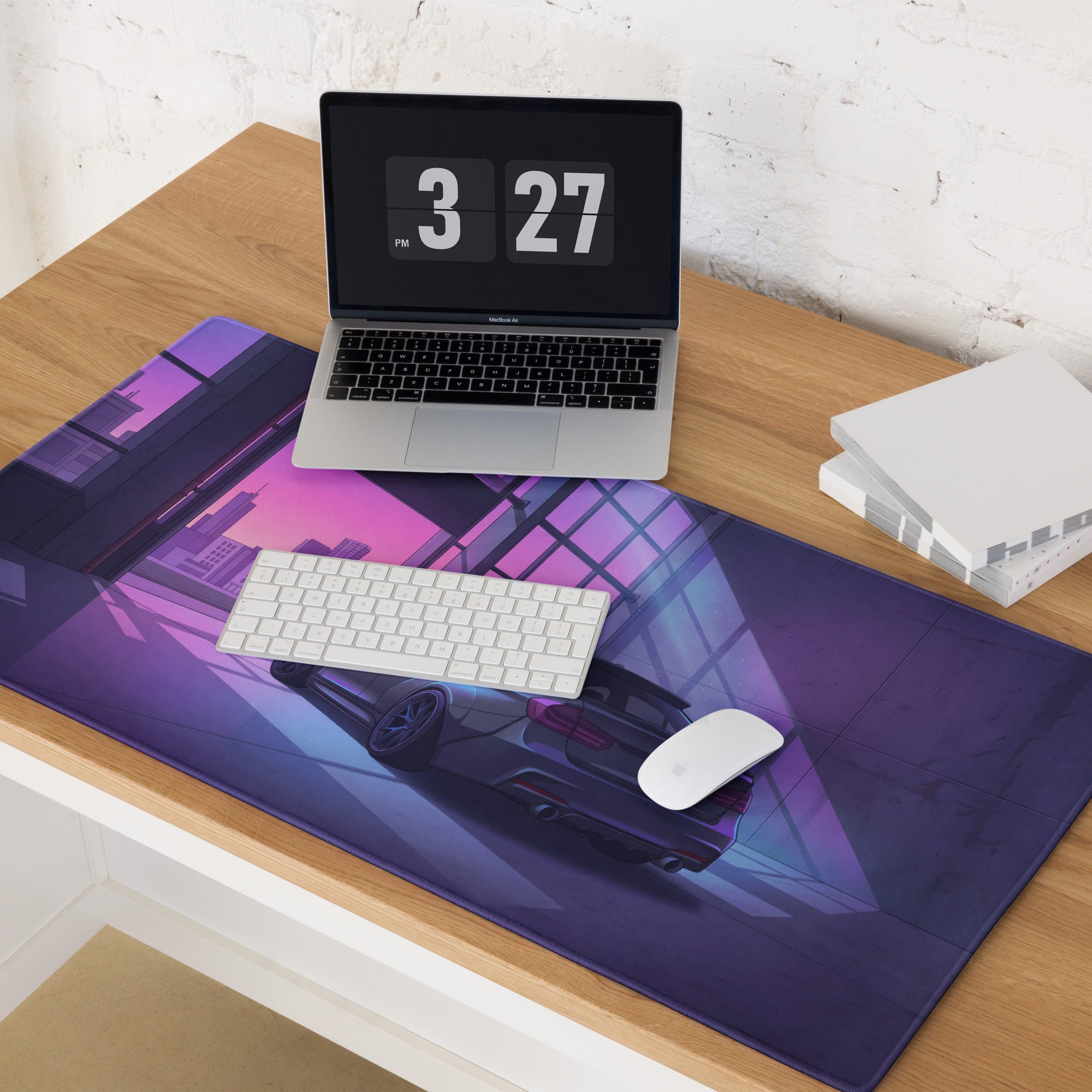 BMW M3 Inspired Black Purple Vaporwave Gaming Mouse Pad, Neon Luxury Coupe Desk Mat with Futuristic City Garage Artwork