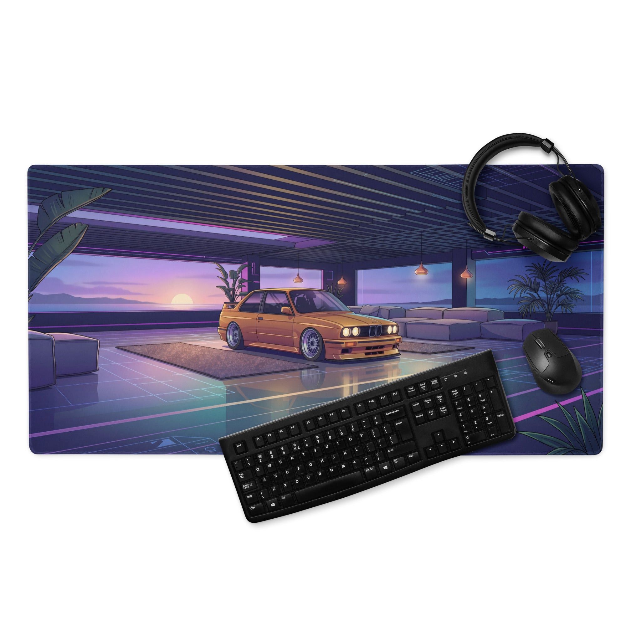 BMW E30 Touring Inspired Gold Purple Vaporwave Gaming Mouse Pad, Retro Wagon Desk Mat with Neon Sunset Garage Artwork