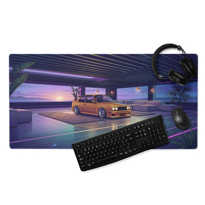 BMW E30 Touring Inspired Gold Purple Vaporwave Gaming Mouse Pad, Retro Wagon Desk Mat with Neon Sunset Garage Artwork