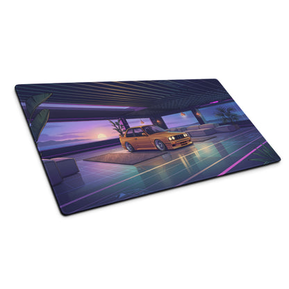 BMW E30 Touring Inspired Gold Purple Vaporwave Gaming Mouse Pad, Retro Wagon Desk Mat with Neon Sunset Garage Artwork