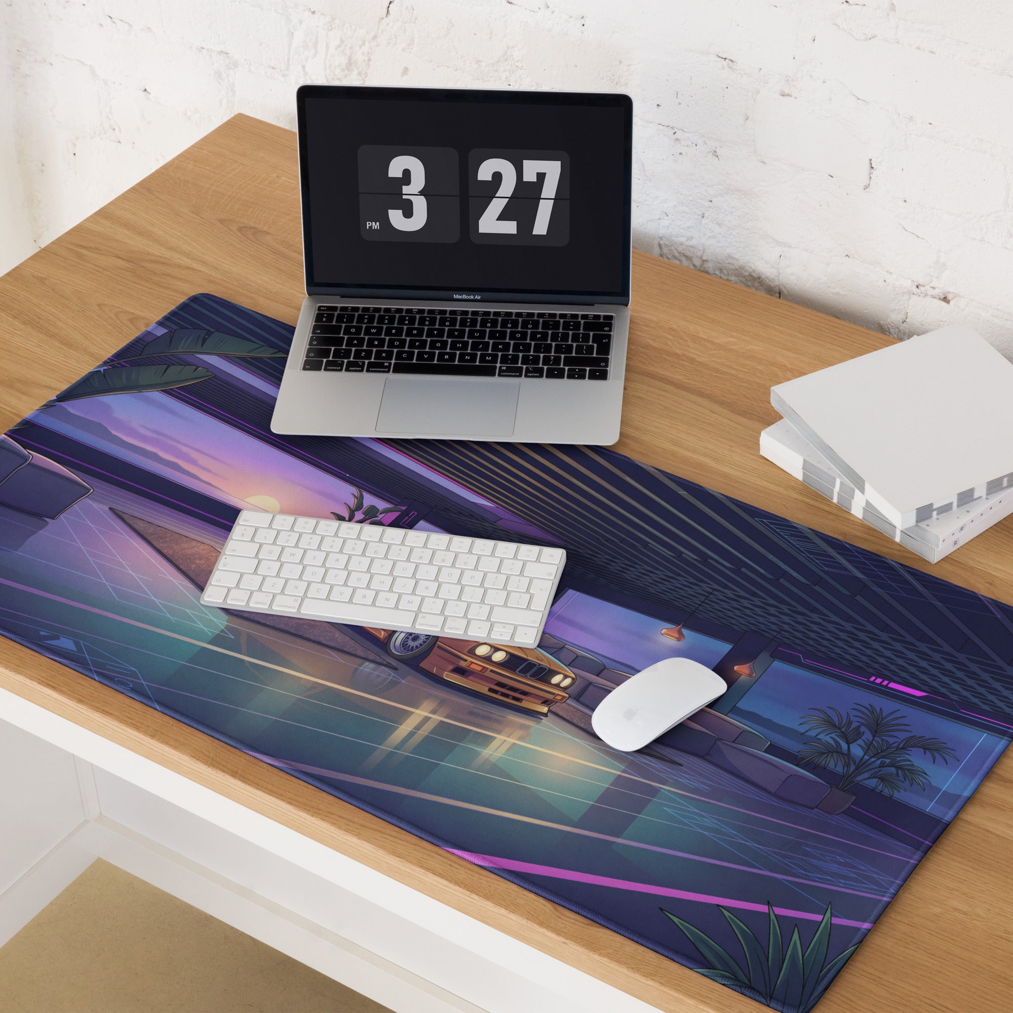 BMW E30 Touring Inspired Gold Purple Vaporwave Gaming Mouse Pad, Retro Wagon Desk Mat with Neon Sunset Garage Artwork