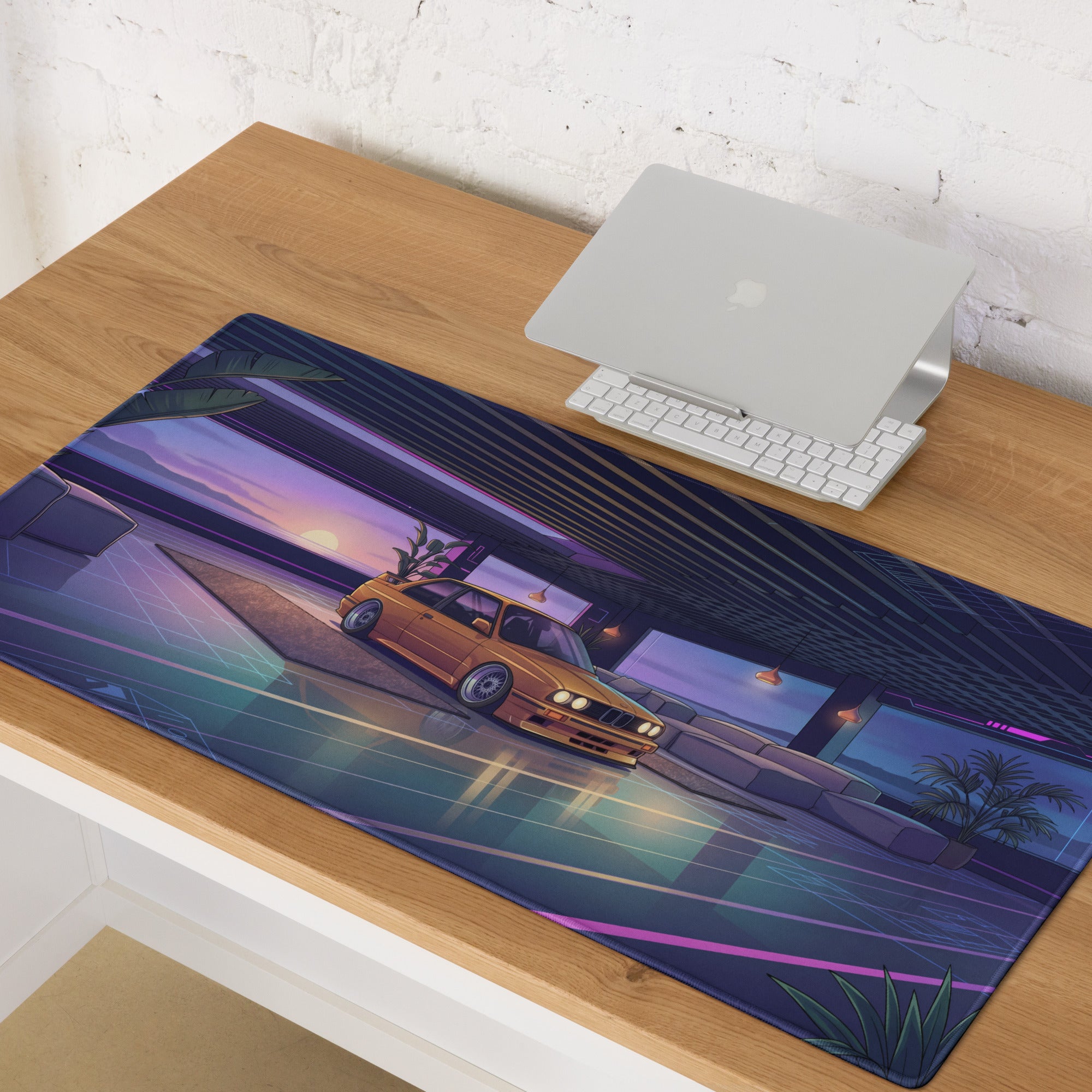 BMW E30 Touring Inspired Gold Purple Vaporwave Gaming Mouse Pad, Retro Wagon Desk Mat with Neon Sunset Garage Artwork