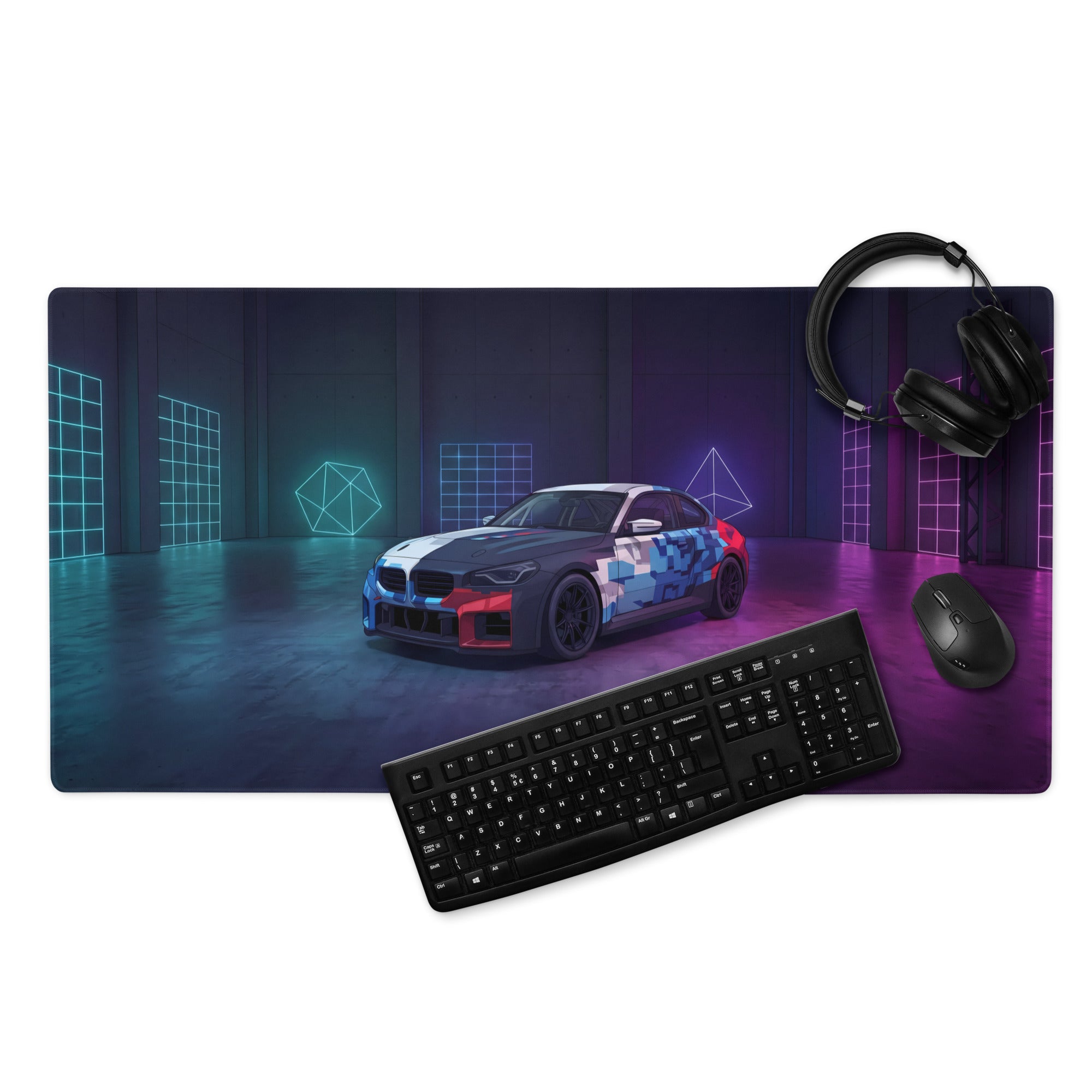 BMW M4 GT3 Inspired White Blue Vaporwave Gaming Mouse Pad, Neon Race Car Desk Mat with Futuristic Cyberpunk Garage Artwork
