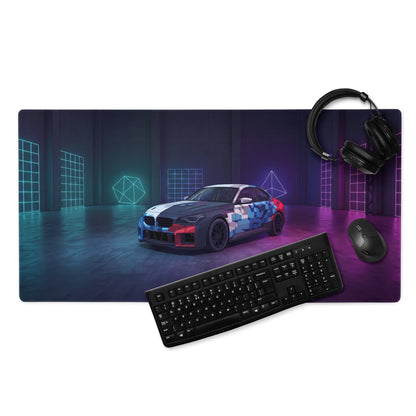 BMW M4 GT3 Inspired White Blue Vaporwave Gaming Mouse Pad, Neon Race Car Desk Mat with Futuristic Cyberpunk Garage Artwork