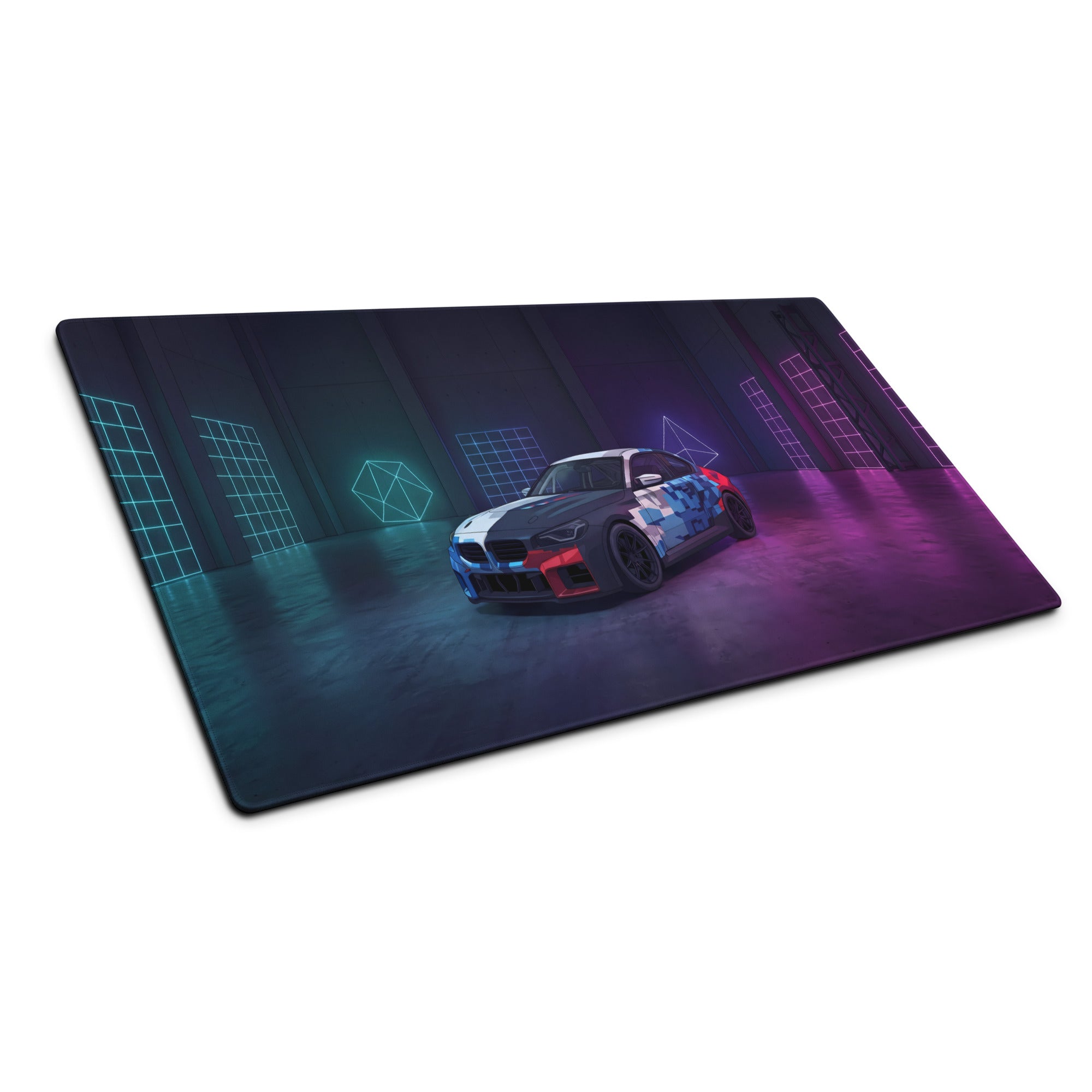 BMW M4 GT3 Inspired White Blue Vaporwave Gaming Mouse Pad, Neon Race Car Desk Mat with Futuristic Cyberpunk Garage Artwork