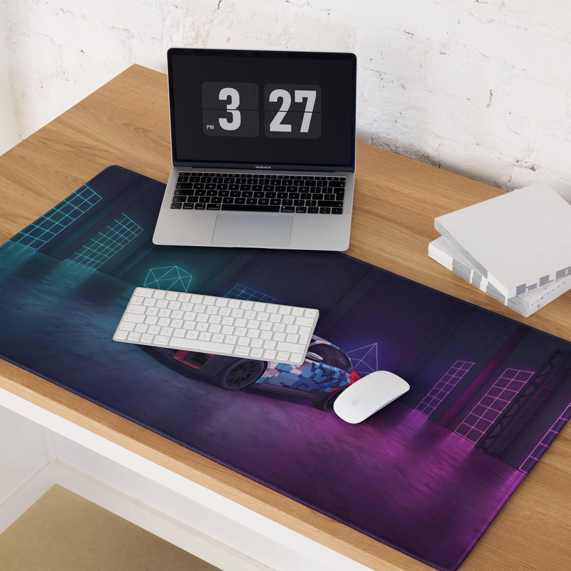 BMW M4 GT3 Inspired White Blue Vaporwave Gaming Mouse Pad, Neon Race Car Desk Mat with Futuristic Cyberpunk Garage Artwork