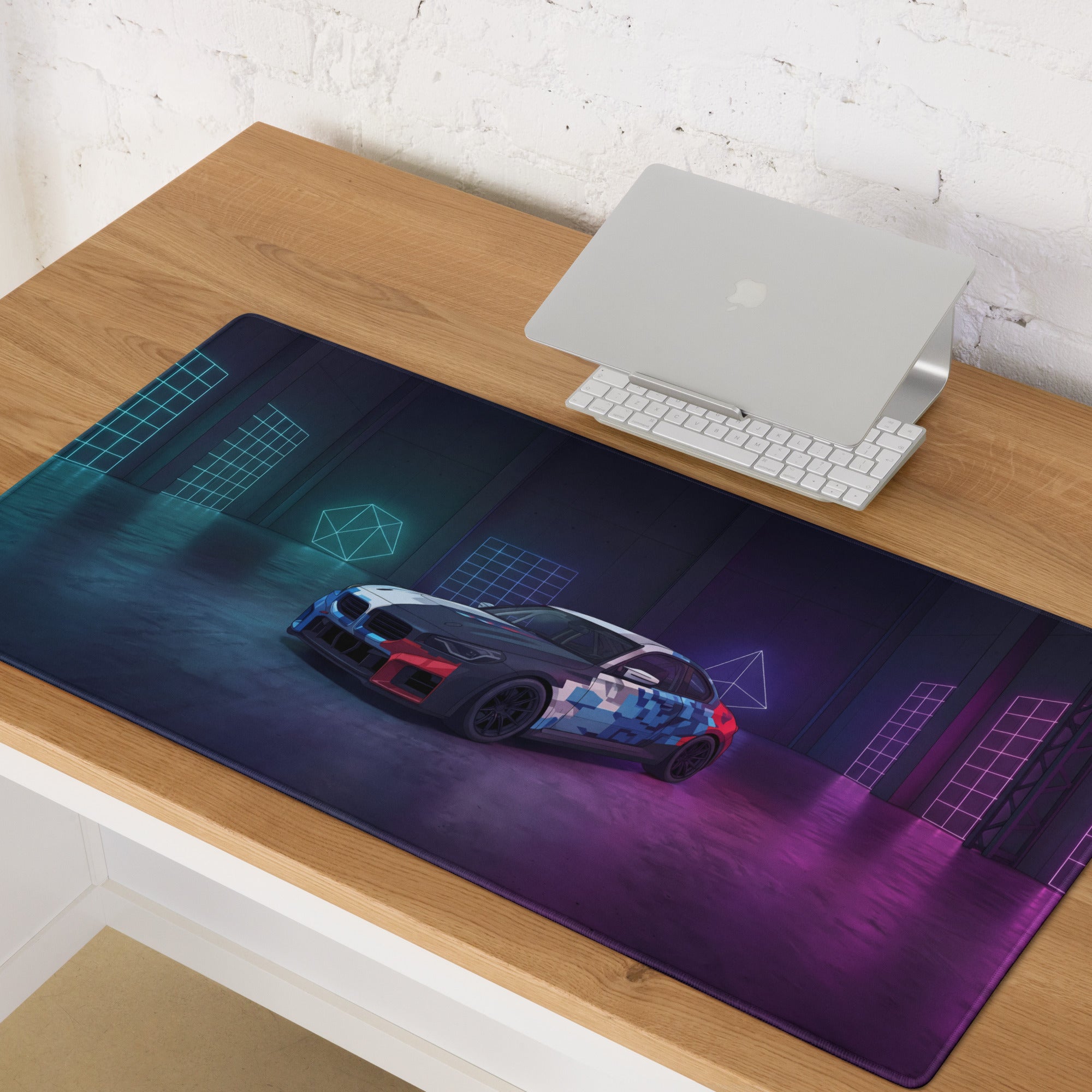 BMW M4 GT3 Inspired White Blue Vaporwave Gaming Mouse Pad, Neon Race Car Desk Mat with Futuristic Cyberpunk Garage Artwork