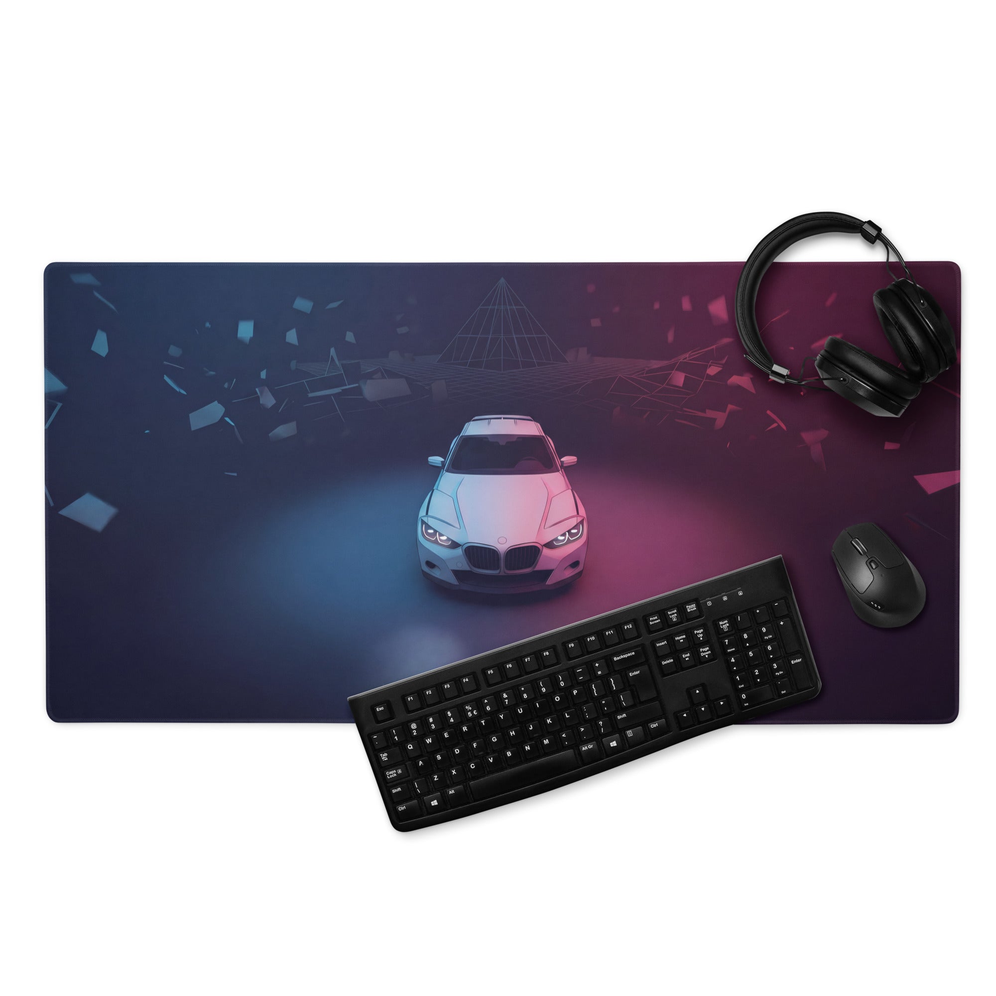 BMW Inspired Silver Pink Vaporwave Gaming Mouse Pad, Neon Luxury Roadster Desk Mat with Moody Retro Futuristic Abstract Artwork