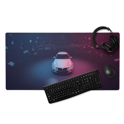 BMW Inspired Silver Pink Vaporwave Gaming Mouse Pad, Neon Luxury Roadster Desk Mat with Moody Retro Futuristic Abstract Artwork