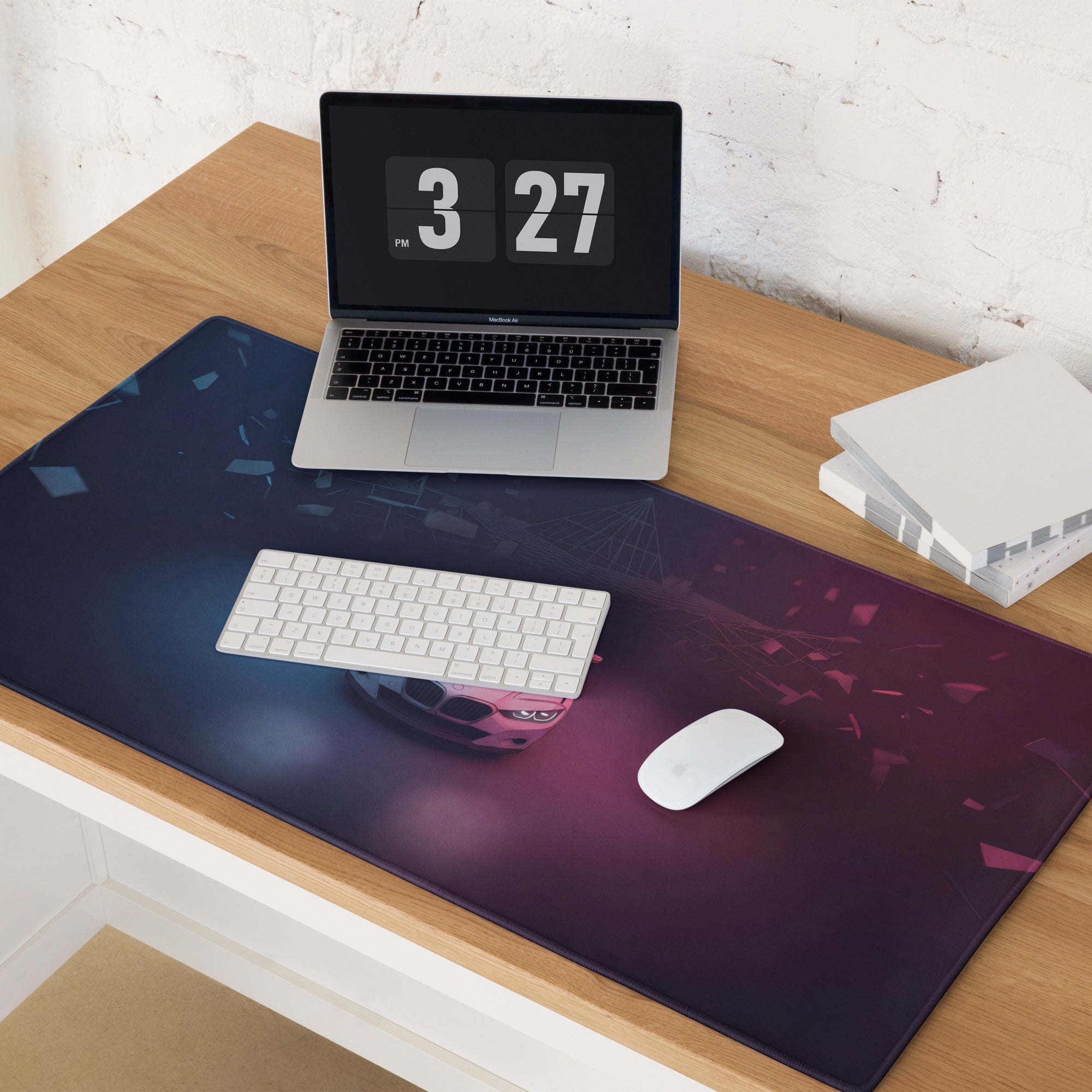 BMW Inspired Silver Pink Vaporwave Gaming Mouse Pad, Neon Luxury Roadster Desk Mat with Moody Retro Futuristic Abstract Artwork