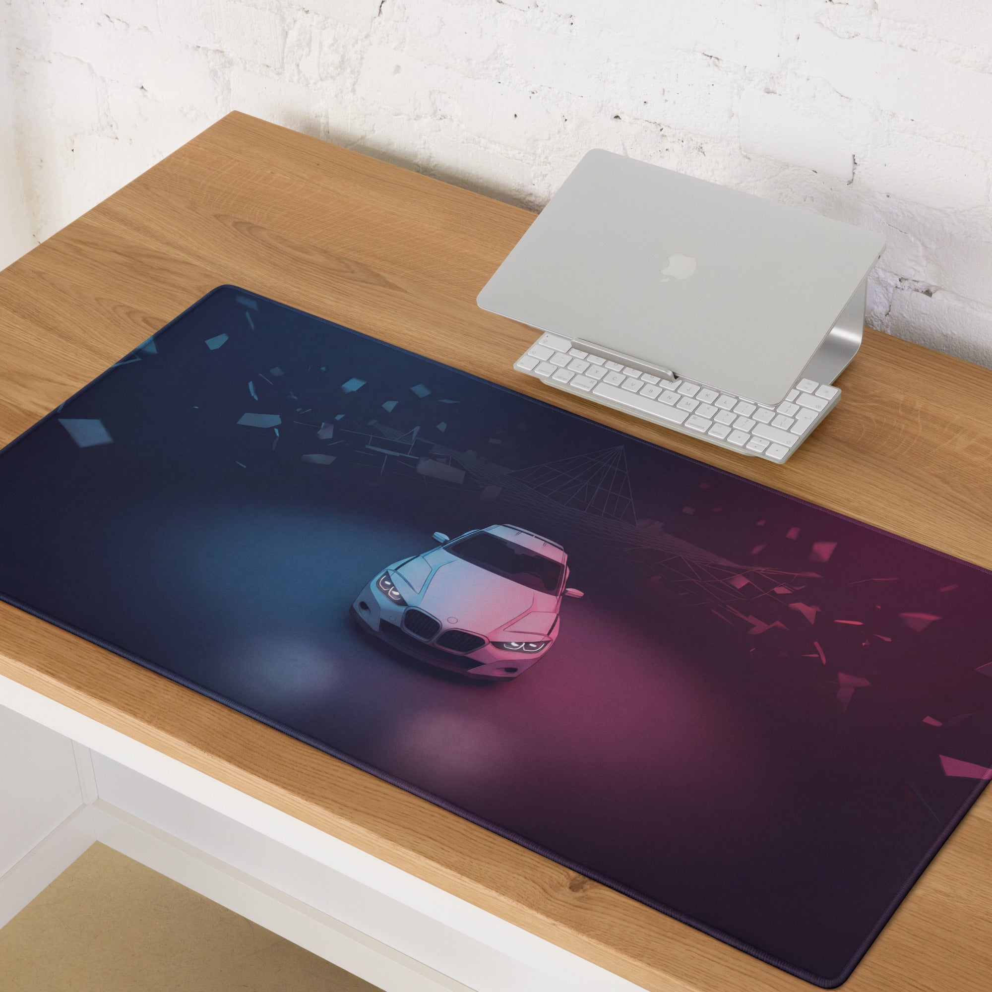BMW Inspired Silver Pink Vaporwave Gaming Mouse Pad, Neon Luxury Roadster Desk Mat with Moody Retro Futuristic Abstract Artwork