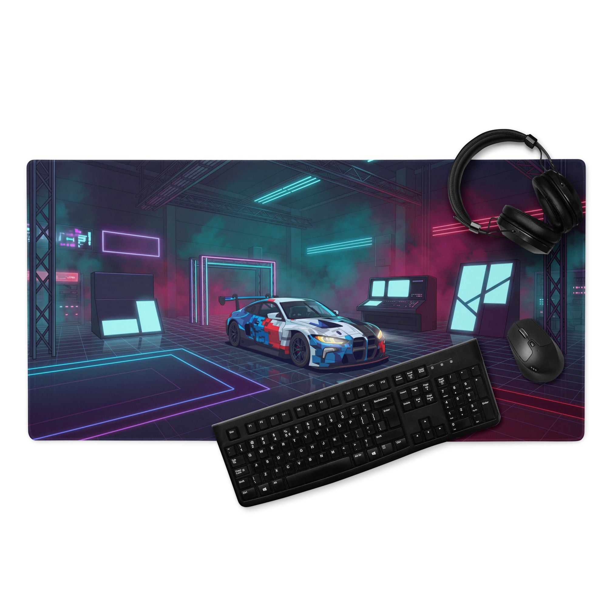 BMW M4 GT3 Inspired White Blue Vaporwave Gaming Mouse Pad, Neon Race Car Desk Mat with Futuristic Cyberpunk Garage Artwork