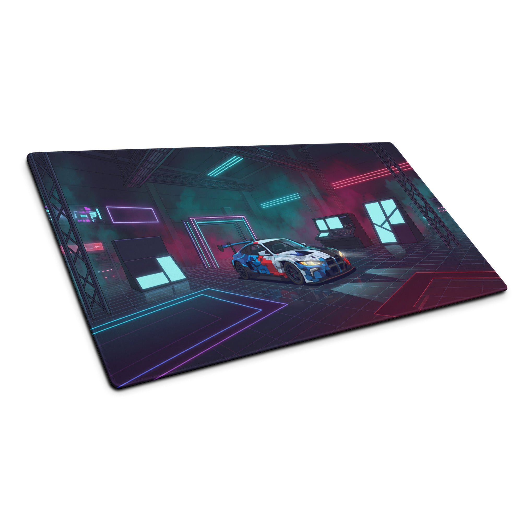 BMW M4 GT3 Inspired White Blue Vaporwave Gaming Mouse Pad, Neon Race Car Desk Mat with Futuristic Cyberpunk Garage Artwork