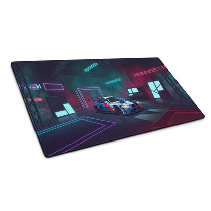 BMW M4 GT3 Inspired White Blue Vaporwave Gaming Mouse Pad, Neon Race Car Desk Mat with Futuristic Cyberpunk Garage Artwork