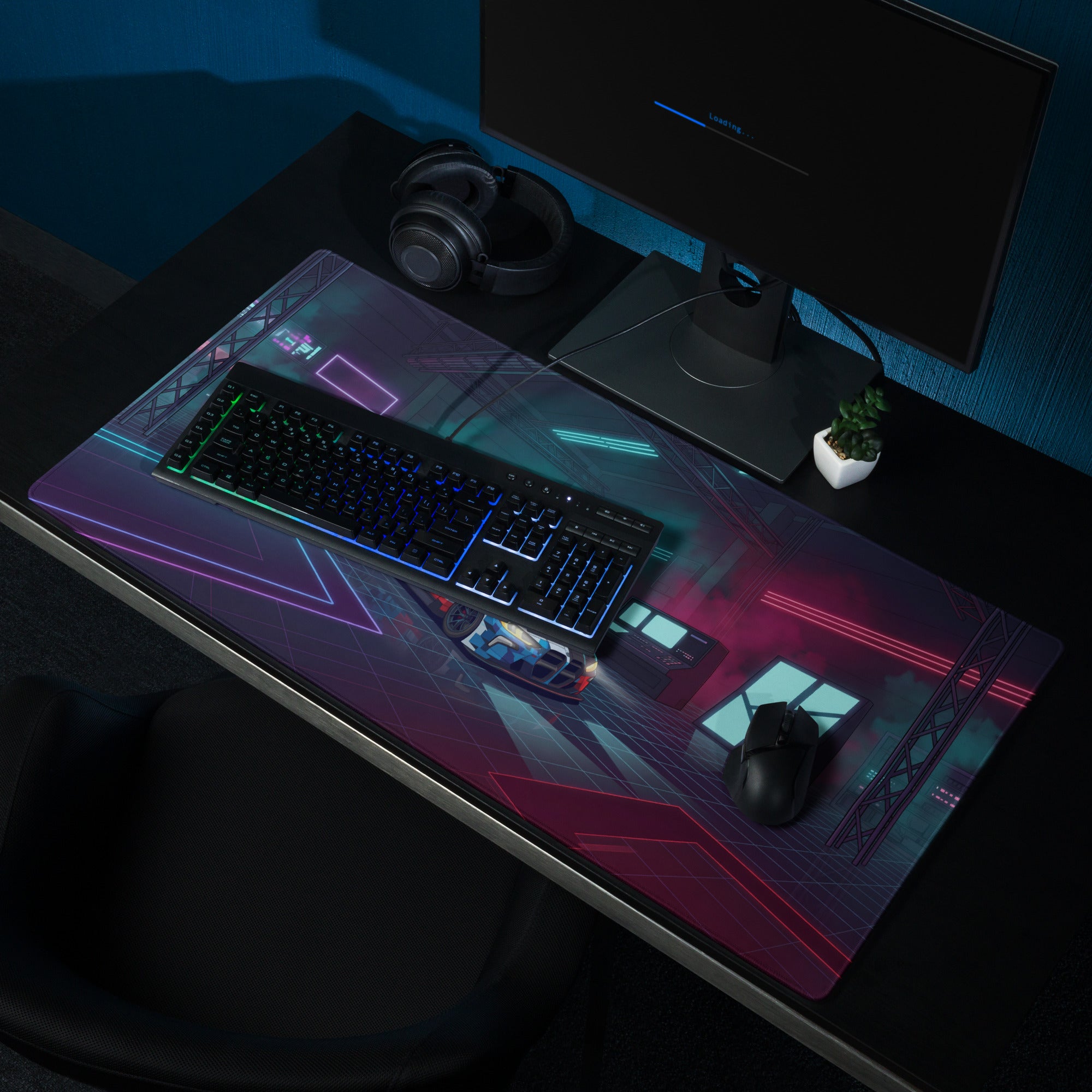 BMW M4 GT3 Inspired White Blue Vaporwave Gaming Mouse Pad, Neon Race Car Desk Mat with Futuristic Cyberpunk Garage Artwork