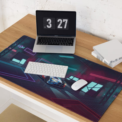 BMW M4 GT3 Inspired White Blue Vaporwave Gaming Mouse Pad, Neon Race Car Desk Mat with Futuristic Cyberpunk Garage Artwork