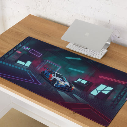 BMW M4 GT3 Inspired White Blue Vaporwave Gaming Mouse Pad, Neon Race Car Desk Mat with Futuristic Cyberpunk Garage Artwork