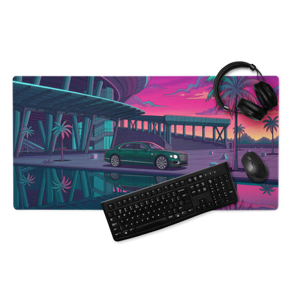 Bentley Continental GT Inspired Green Pink Vaporwave Gaming Mouse Pad, Neon Luxury Coupe Desk Mat with Retro Futuristic City Sunset Artwork