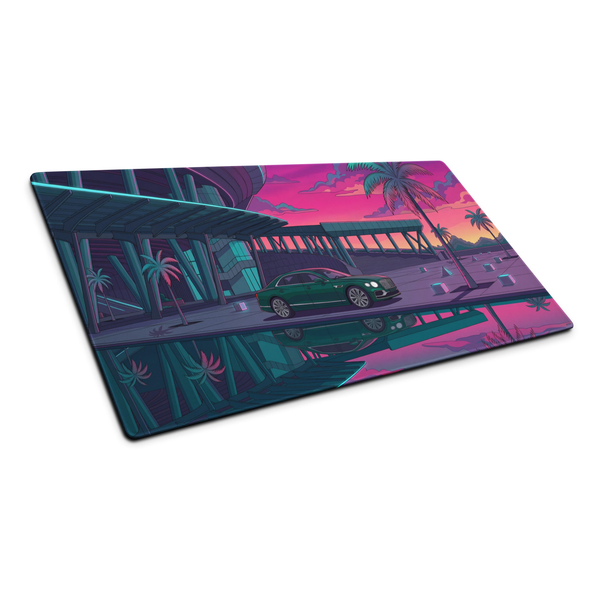 Bentley Continental GT Inspired Green Pink Vaporwave Gaming Mouse Pad, Neon Luxury Coupe Desk Mat with Retro Futuristic City Sunset Artwork
