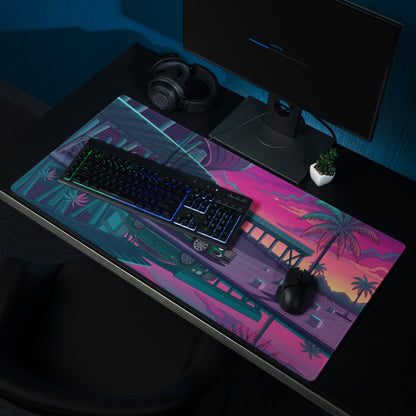 Bentley Continental GT Inspired Green Pink Vaporwave Gaming Mouse Pad, Neon Luxury Coupe Desk Mat with Retro Futuristic City Sunset Artwork