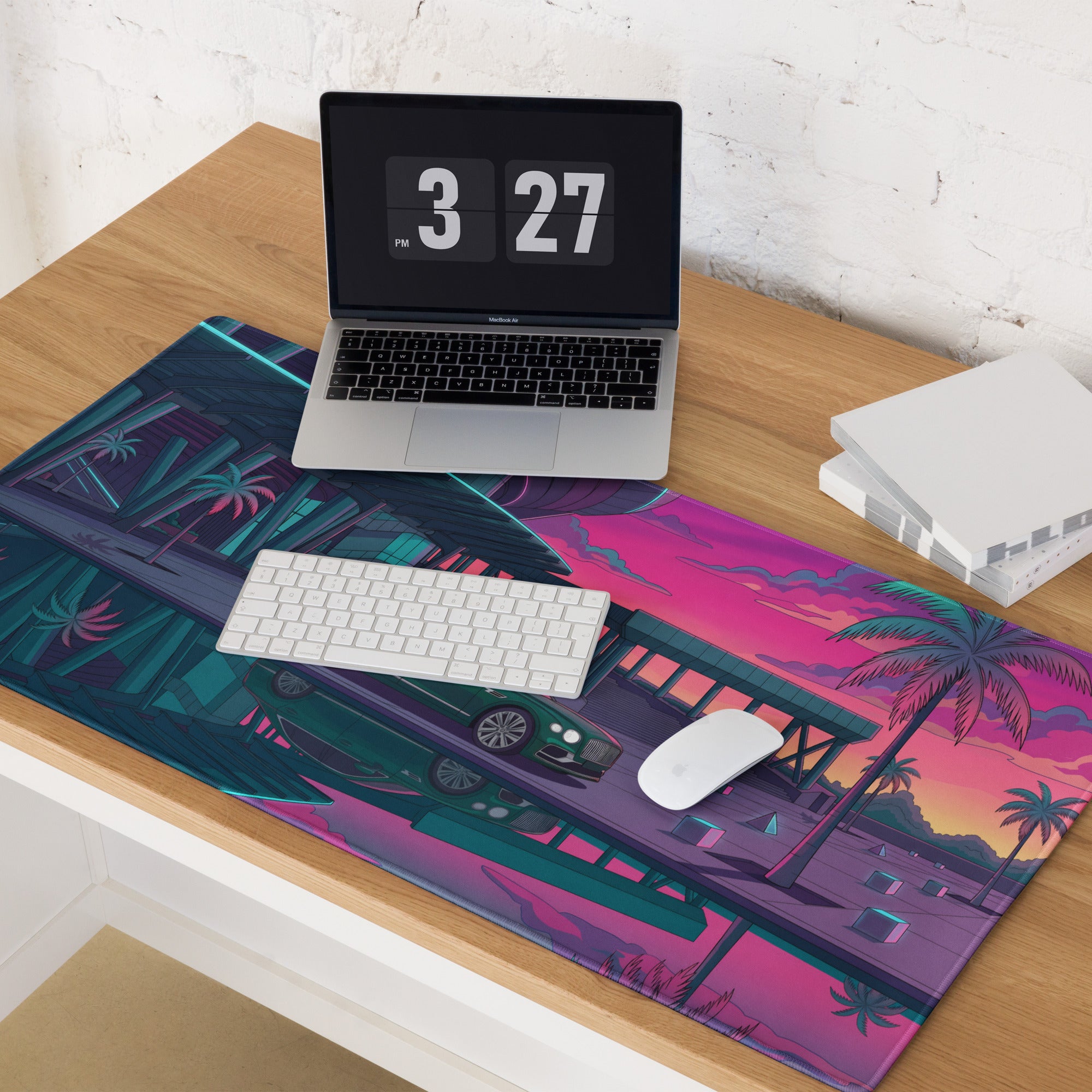 Bentley Continental GT Inspired Green Pink Vaporwave Gaming Mouse Pad, Neon Luxury Coupe Desk Mat with Retro Futuristic City Sunset Artwork