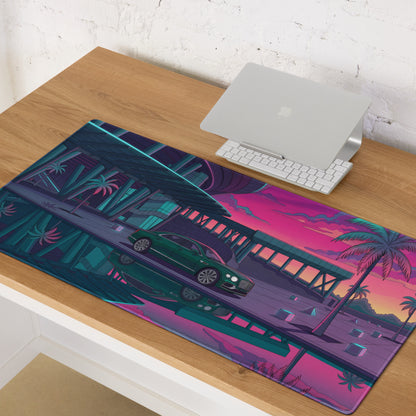 Bentley Continental GT Inspired Green Pink Vaporwave Gaming Mouse Pad, Neon Luxury Coupe Desk Mat with Retro Futuristic City Sunset Artwork
