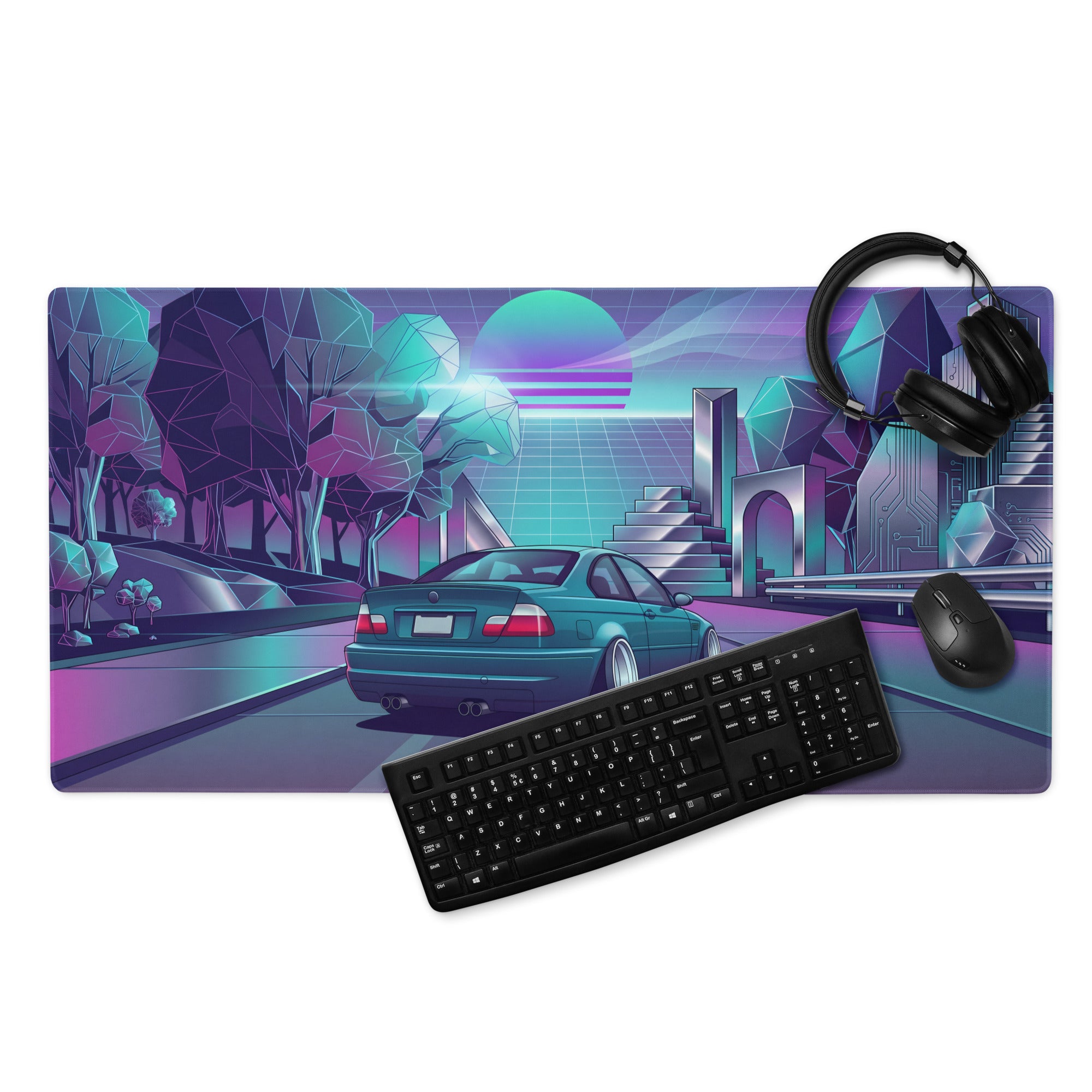BMW M3 E46 Convertible Inspired Teal Purple Vaporwave Gaming Mouse Pad, Retro Sports Car Desk Mat with Neon Futuristic City Artwork