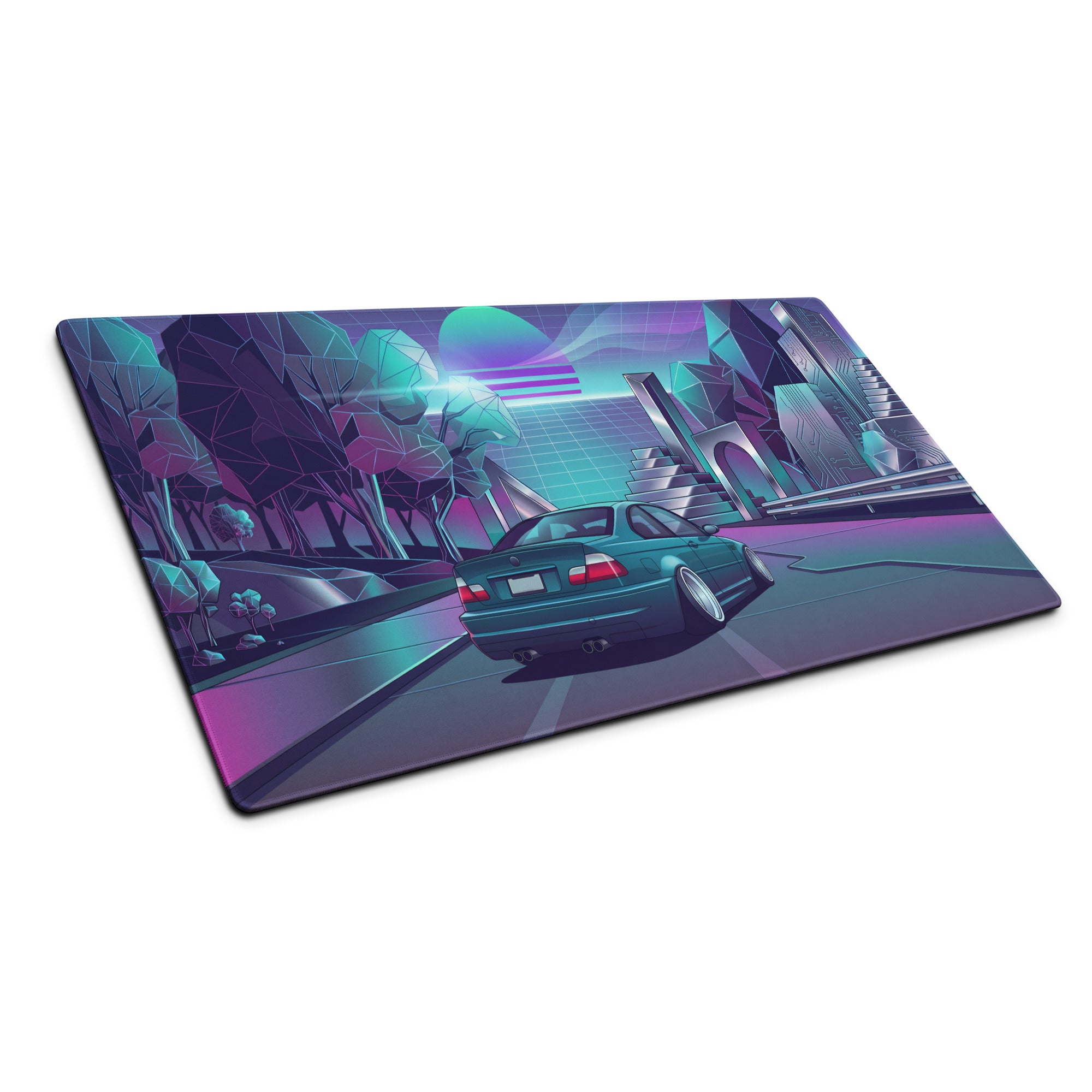 BMW M3 E46 Convertible Inspired Teal Purple Vaporwave Gaming Mouse Pad, Retro Sports Car Desk Mat with Neon Futuristic City Artwork